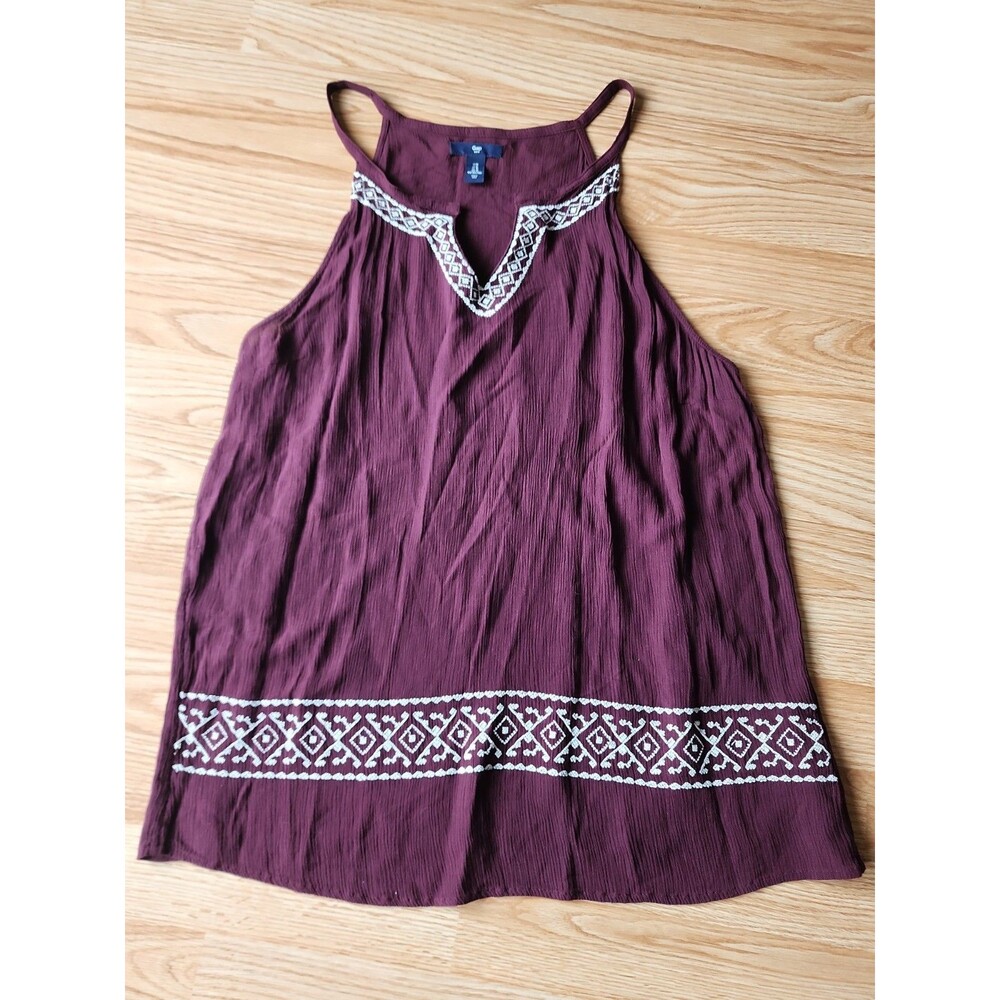 GAP Women’s Spagetti Strap Flowy Cami Burgundy Embroidered Top Sz. M Rayon Gauzy